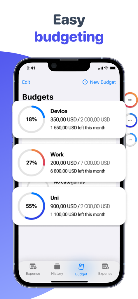 Expense Buddy Expense Manager - iOS app interface for Expense Buddy showing budget categories with circular progress charts
