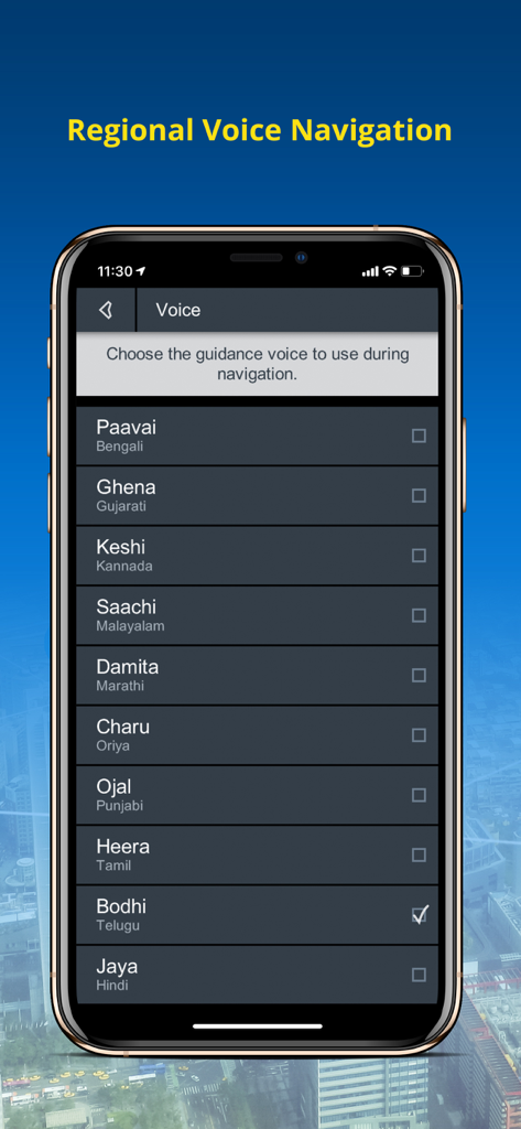 NaviMaps: 3D GPS Navigation - Smartphone screen showing a list of regional Indian languages for voice guidance in the NaviMaps app