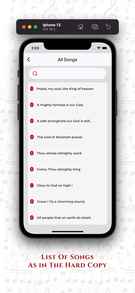 A list of traditional Christian hymns displayed on the Sacred Songs and Solos mobile app screen.