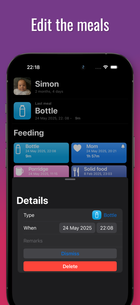 Schermata dell'iPhone che mostra l'interfaccia di modifica dei pasti per un'app di tracciamento neonatale