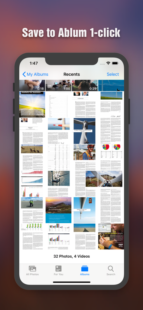 PDF to JPEG - Flyingbee - Pages PDF converties enregistrées sous forme d'images dans la galerie photo de l'iPhone