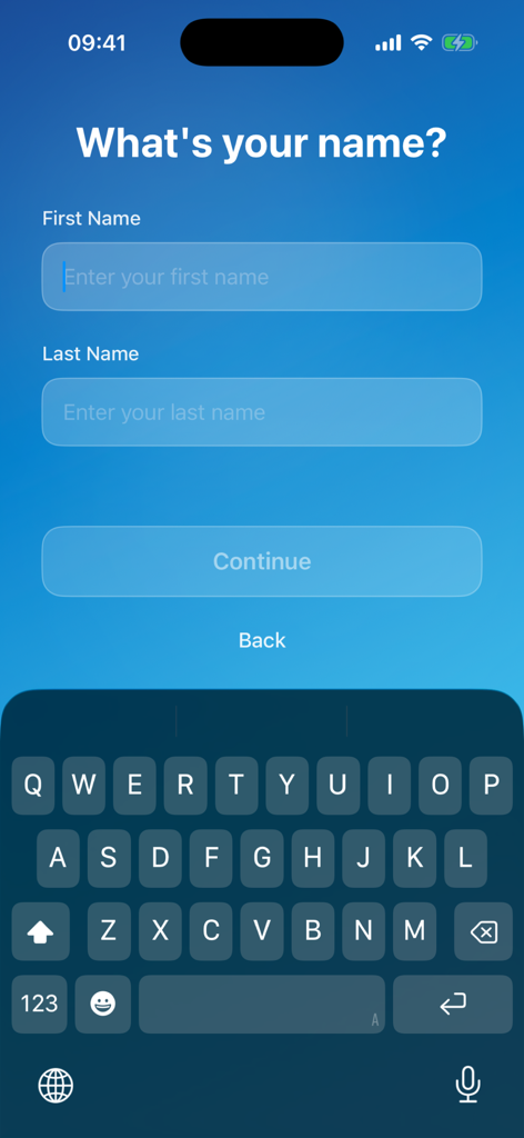Der Bildschirm zur Namenseingabe für das Onboarding der HealthAI plus App