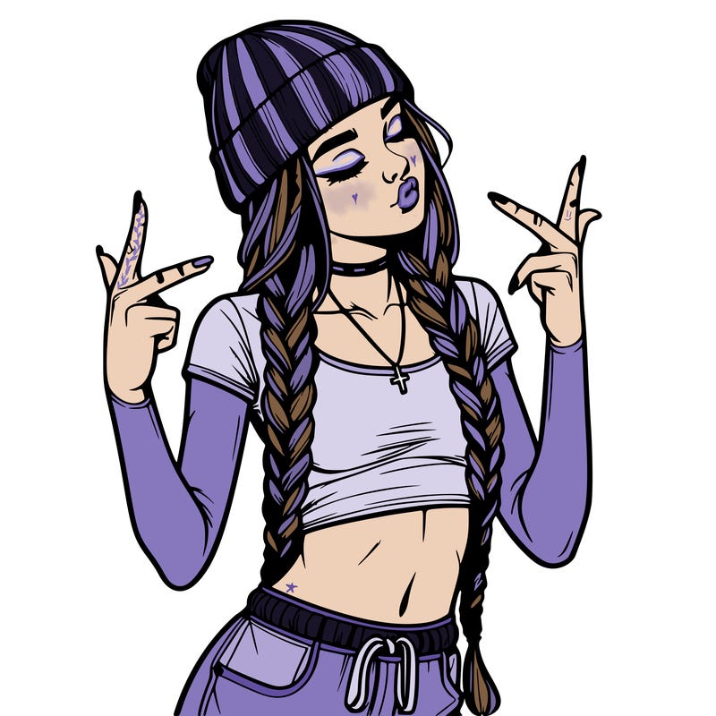 realistic teenage girl with braids and a beanie and crop top doing 🫶🏼