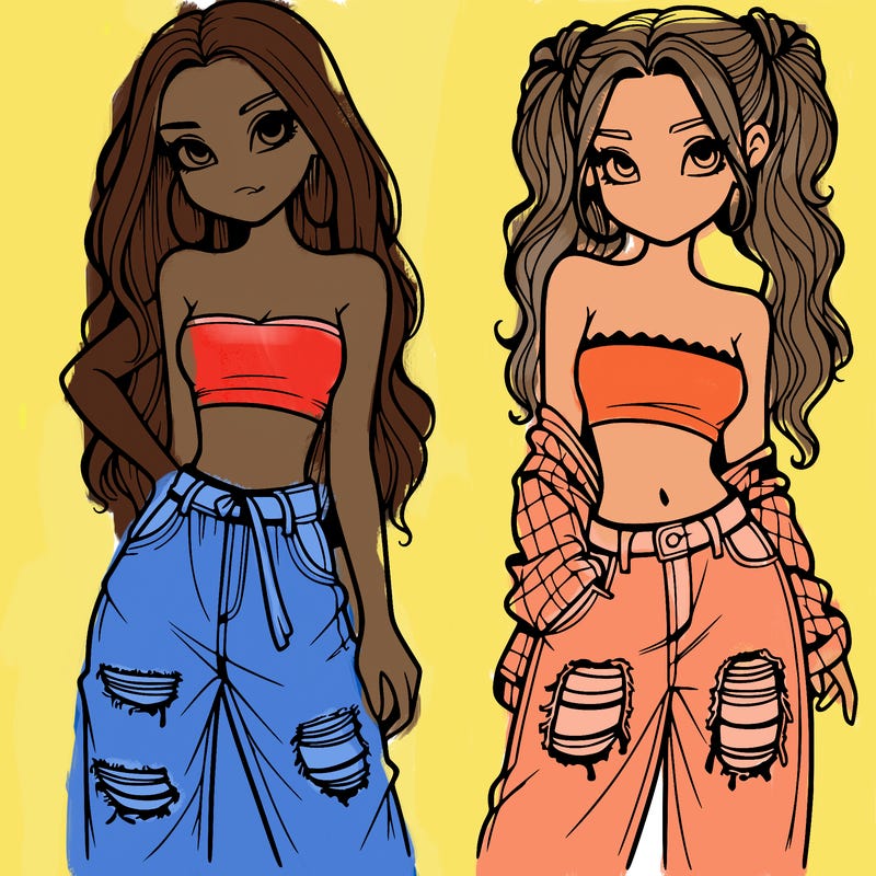 2 girls in crop tops and baggy jeans ripped