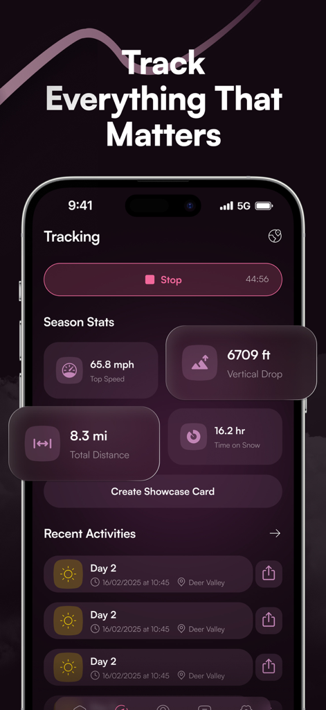 Shredder app dashboard displaying seasonal ski and snowboard statistics like top speed vertical drop and total distance
