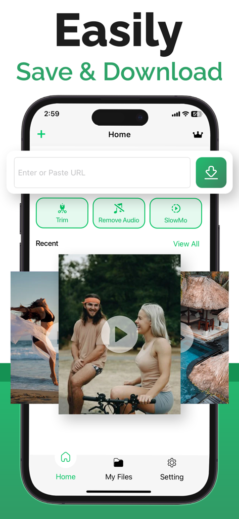 Video Downloader - Download - ビデオダウンローダーのアプリインターフェース。URL入力フィールドとビデオ編集オプションが表示されています。