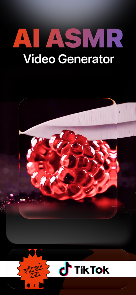 CALMR KI ASMR Video Generator App-Oberfläche, die das Schneiden einer Glas-Himbeere für virales TikTok-Content zeigt