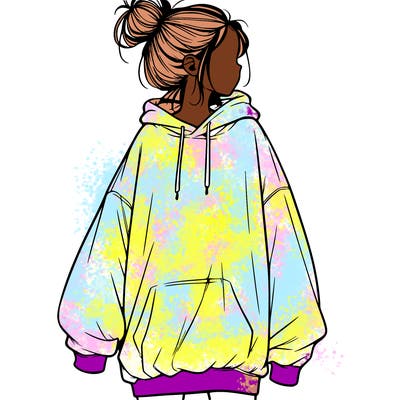 realistic girl with a oversized sweatshirt on and a bun