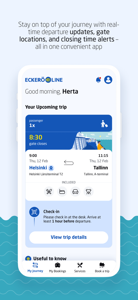 Eckerö Line - Eckerö Lineアプリのモバイル画面。ヘルシンキからタリンへのフェリー旅程が表示されています。
