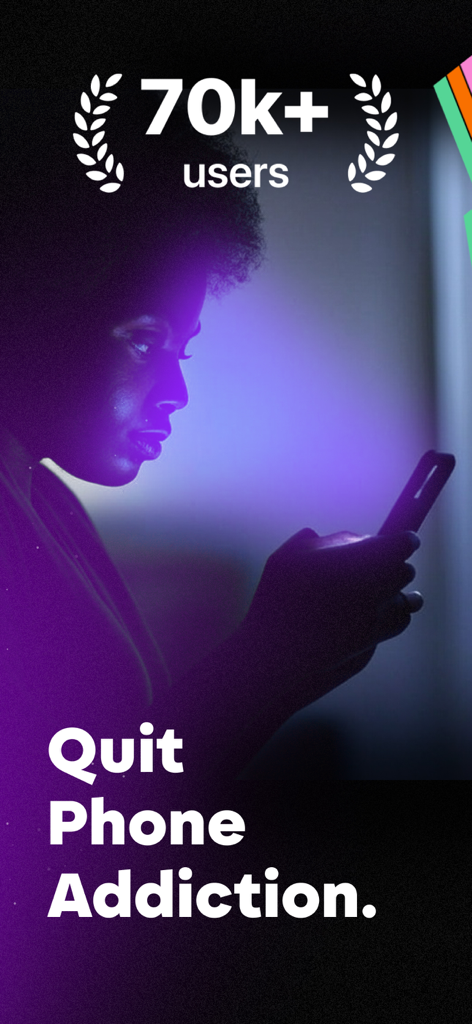Enso - Social Media Blocker - Pantalla promocional de la aplicación Enso que muestra a una persona usando un teléfono y el texto "Deja la adicción al teléfono" con más de 70.000 usuarios