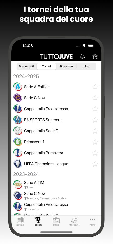 TuttoJuve app screenshot showing the list of soccer tournaments for Juventus including Serie A and Champions League