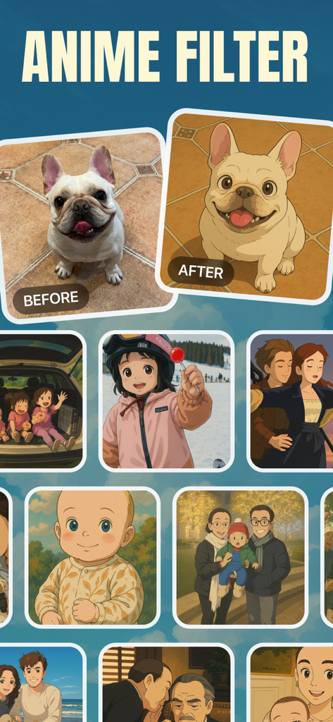 Before and after comparison of a pet dog transformed into an anime style character along with various cartoon portrait examples