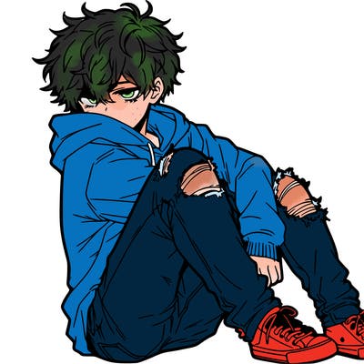 a male hoddie ripped jeans messy hair anime