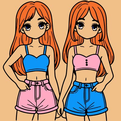 two sisters with crop tops and jean shorts and straight hair