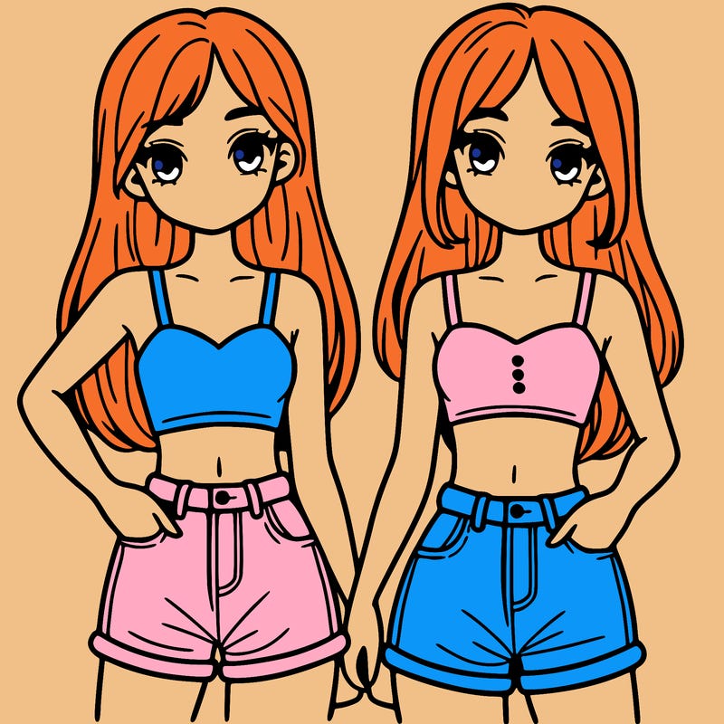 two sisters with crop tops and jean shorts and straight hair