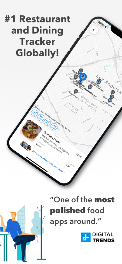 YUMMI: Restaurant & Food Diary - Aplicación Yummi mostrando un mapa de restaurantes de Los Ángeles con registros del diario de comida y una recomendación de Digital Trends