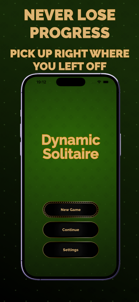 Solitaire Klondike: Card Games - Menú principal de la aplicación móvil Solitario Klondike en un iPhone con opciones para iniciar un nuevo juego o continuar jugando.