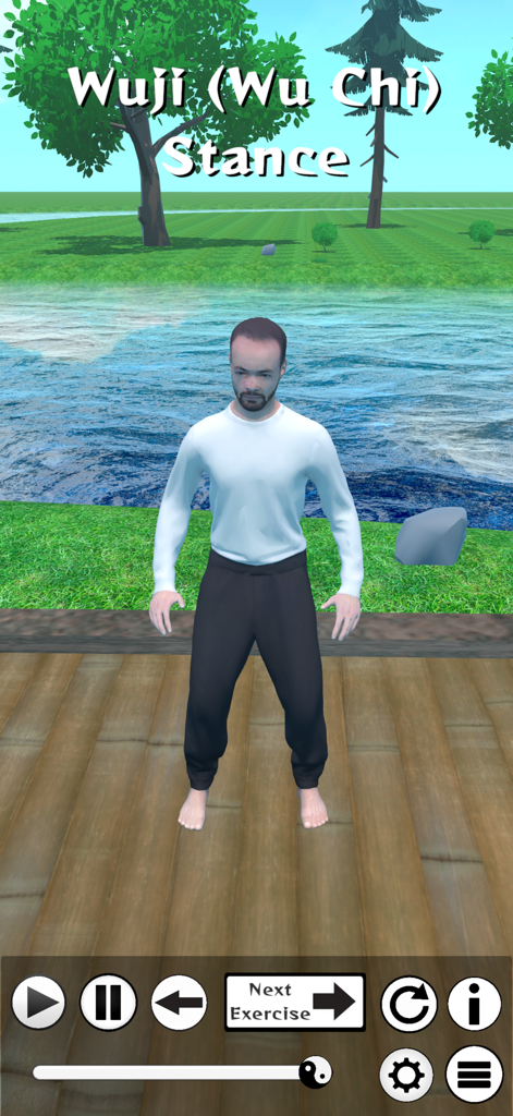 TaijiTek® - Um personagem 3D demonstrando a Postura Wuji no aplicativo TaijiTek