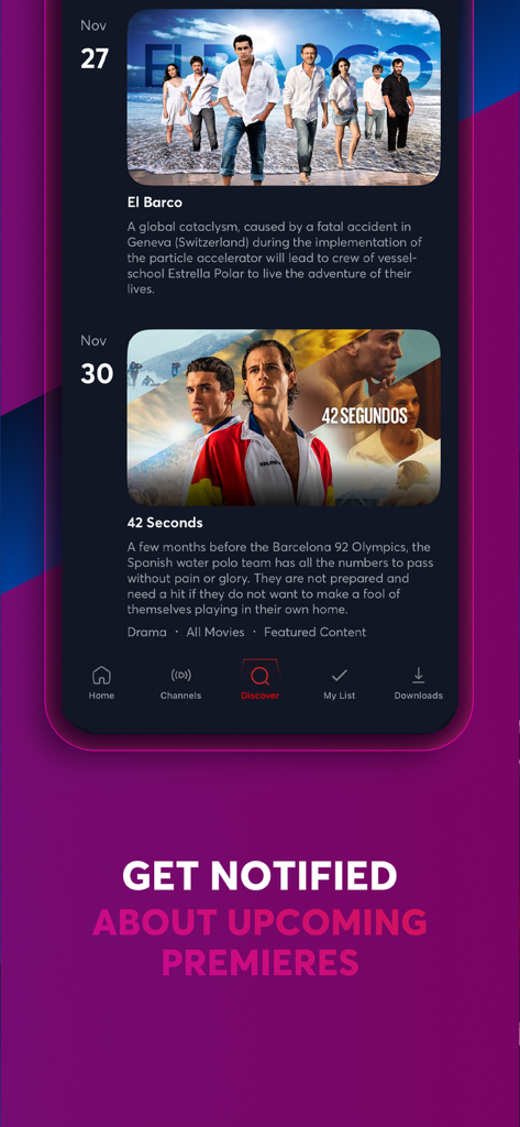 FlixLatino app interface displaying upcoming Spanish movie premieres and series details