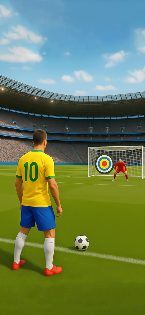 A soccer player in a yellow jersey aiming at a bullseye target in the goal during a penalty shootout