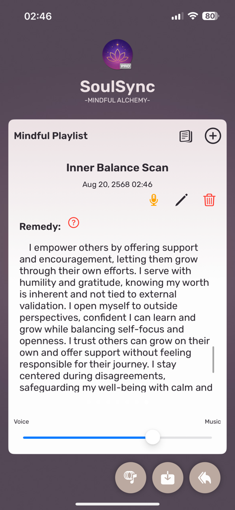 SoulSync - SoulSync app displaying a mindful playlist affirmation titled Inner Balance Scan with audio adjustment controls