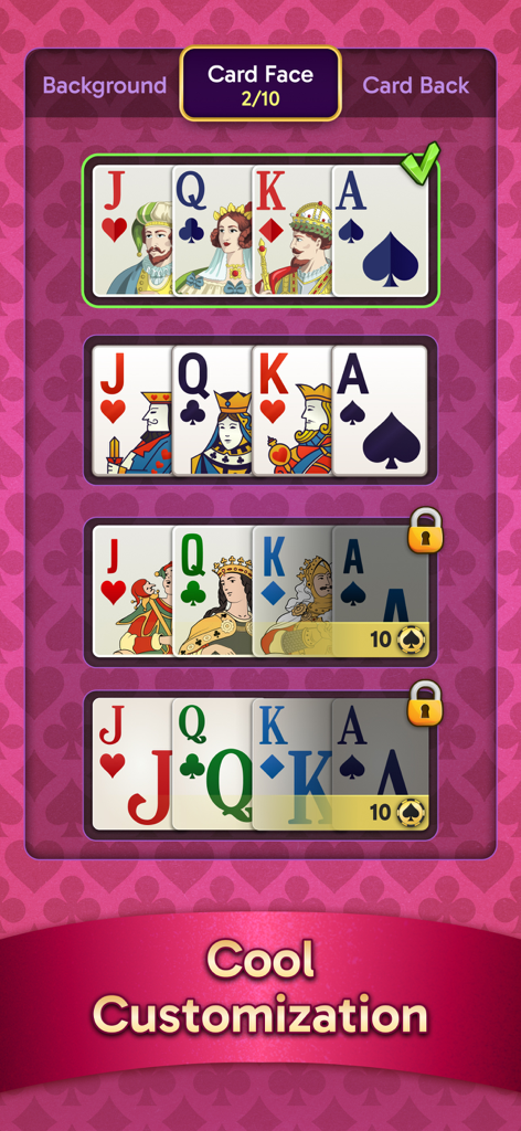 Spades Stars - Card Game - Menu de seleção para diferentes designs de faces de cartas no aplicativo Spades Stars