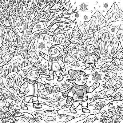 Embark on a unique coloring adventure with these charming cave goblins as they experience the dazzling beauty of a winter wonderland. This delightful page is perfect for anyone seeking a magical and detailed seasonal coloring project.
