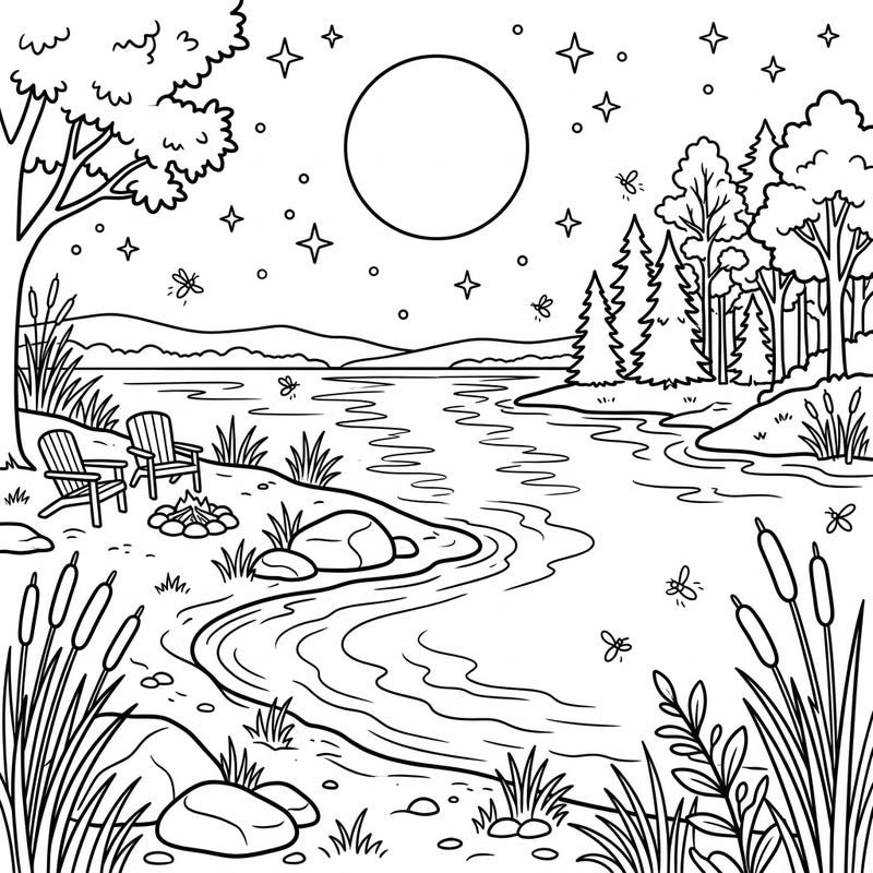 Escape to a tranquil riverside retreat with this captivating night-time coloring page. Discover a serene river beach scene under a starry sky, complete with cozy chairs and a campfire awaiting your creative touch.