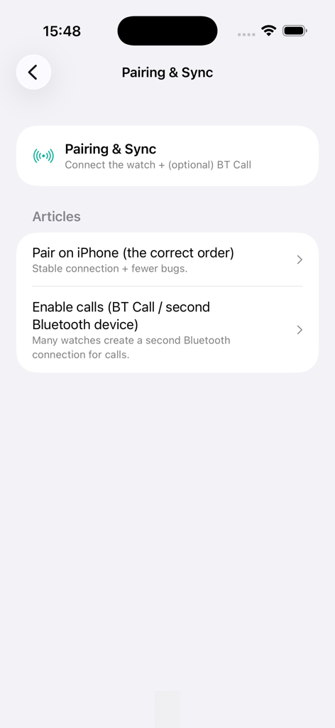 8 Ultra T800 T900 Watch Guide - Captura de tela do guia de emparelhamento e sincronização para smartwatches T800 e T900 com instruções para conexão com iPhone e chamadas Bluetooth.
