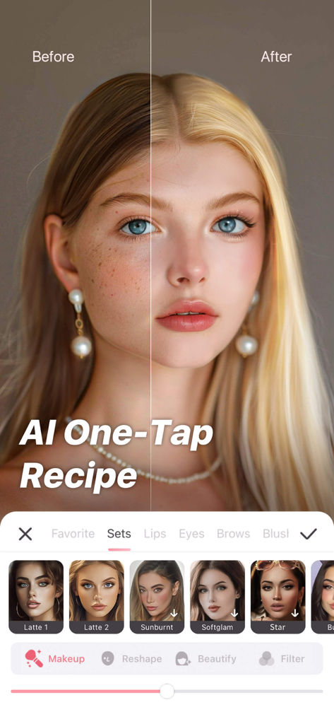 Before and after comparison of AI portrait retouching with makeup presets
