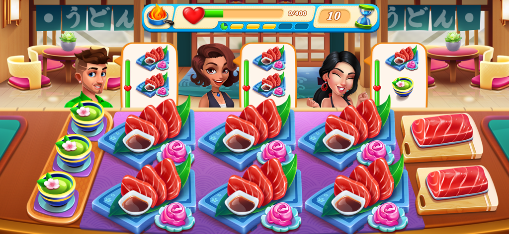 Cooking Train - Food Games - A Japanese sushi restaurant scene in the Cooking Train mobile game showing customers and sashimi plates