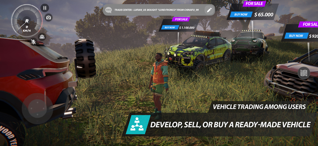 Offroad League Online - Mercado de negociação de veículos do jogo Offroad League Online mostrando caminhões offroad personalizados à venda