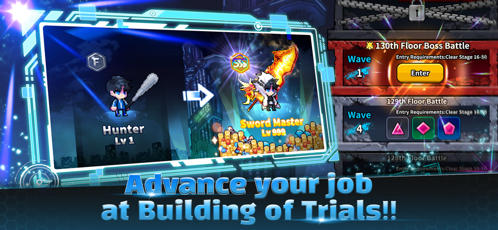Hunter Raid: Idle RPG Games - A comparison showing a level 1 Hunter evolving into a level 999 Sword Master in the Building of Trials.