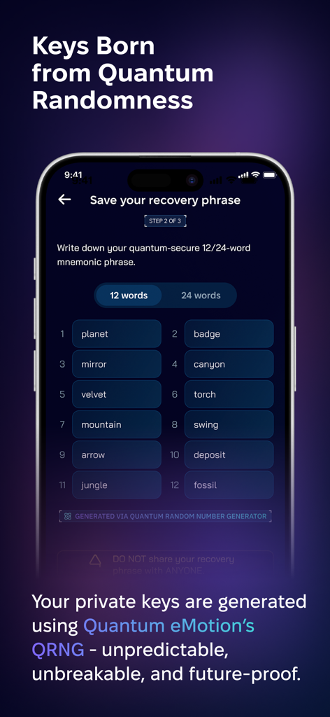 Una schermata di un'app mobile che mostra una frase di recupero di 12 parole generata casualmente da un processo quantistico per una configurazione sicura del wallet.