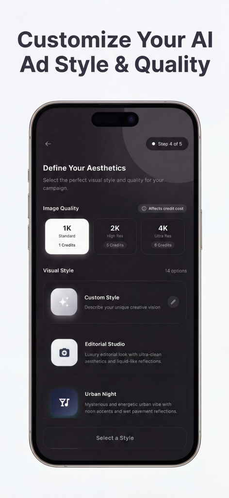 Adify AI - AI Ad Generator - A mobile app screen showing options to define ad aesthetics with settings for image quality like 1K or 4K and visual styles like Editorial Studio or Urban Night.