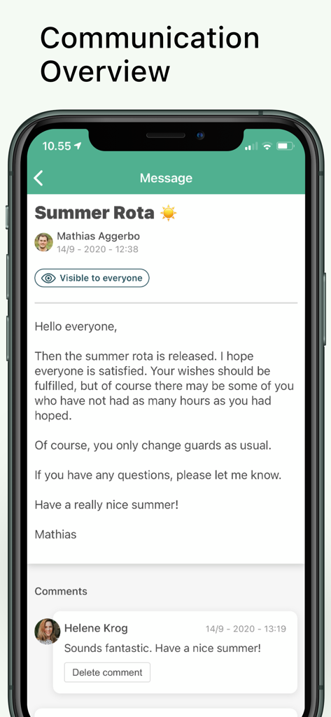 Smartplan app communication interface showing a team message about summer shift schedules and employee comments.