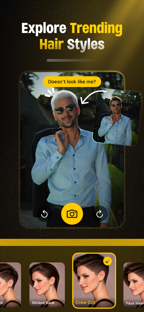 Hair Color & Style Changer AI - Interface of StyleGen app showing AI hairstyle transformation before and after and trending hair styles gallery