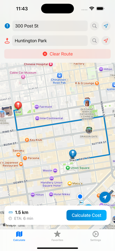 FuelCost app interface showing a 1.5 km route on a map with a button to calculate gas cost