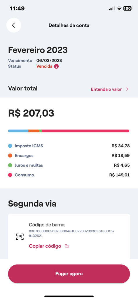 Enel São Paulo - Detailed view of an electricity bill in the Enel Sao Paulo app showing costs and payment options