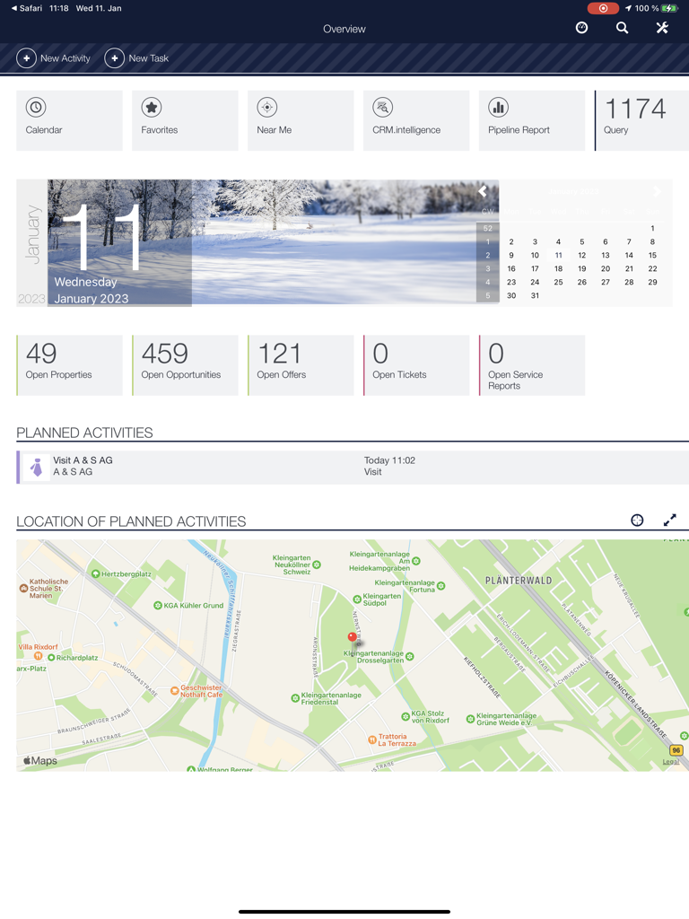 CRMpad Legacy - CRMpad Legacy app dashboard on iPad featuring sales KPIs planned activities and a location map for field reps