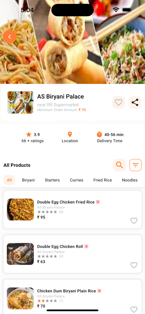JustClick - Food & Grocery App - JustClickアプリのスクリーンショット、AS Biryani Palaceレストランのメニュー、食品画像と配達詳細を表示