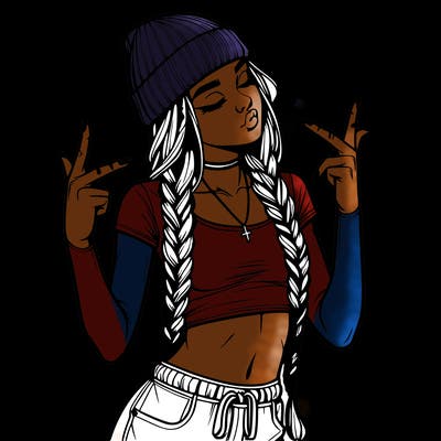 realistic teenage girl with braids and a beanie and crop top doing 🫶🏼