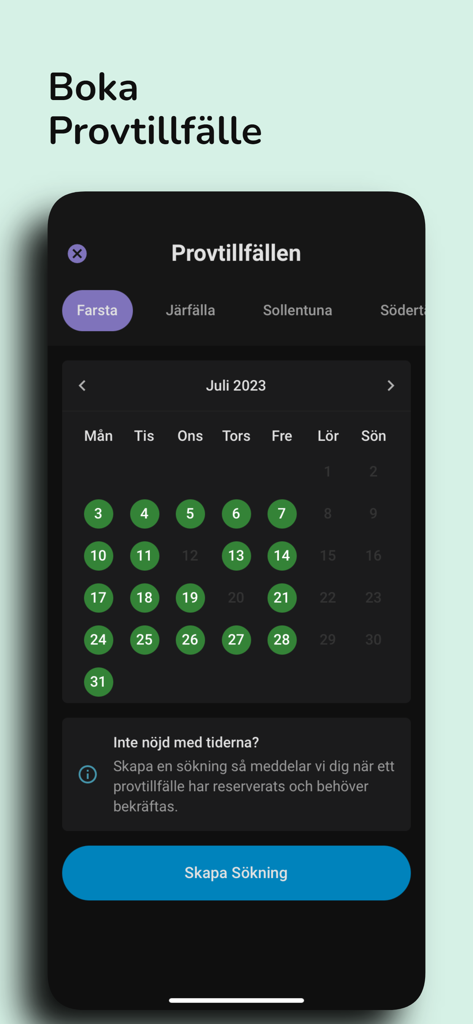 Boka Förarprov - A mobile interface for the Boka Förarprov app showing a calendar for July 2023 with available driving test slots highlighted in green circles.