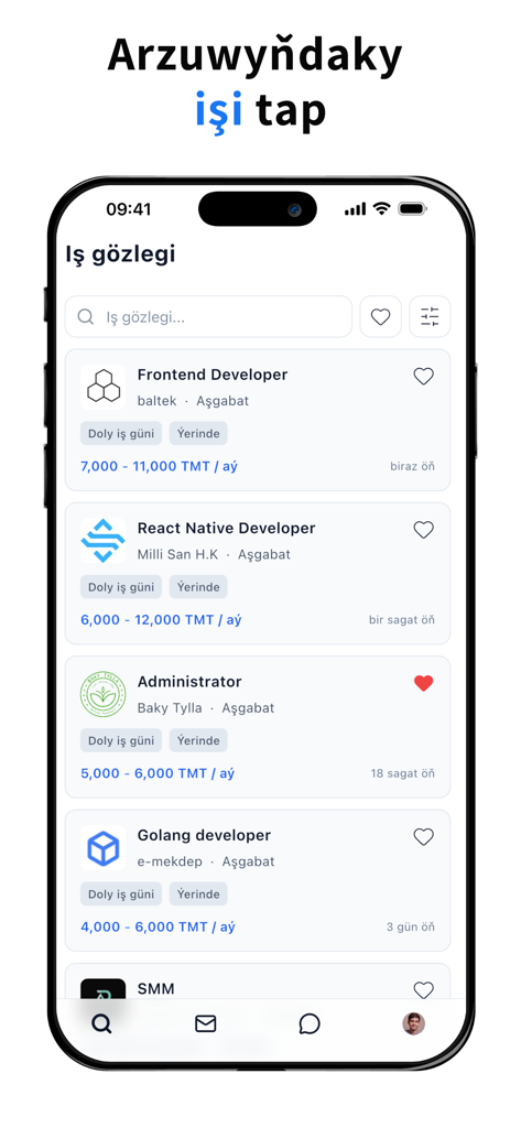 asman: Iş Tap - Interface do aplicativo asman Is Tap mostrando uma lista de vagas de emprego profissionais no Turcomenistão, incluindo funções de desenvolvedor e administrador