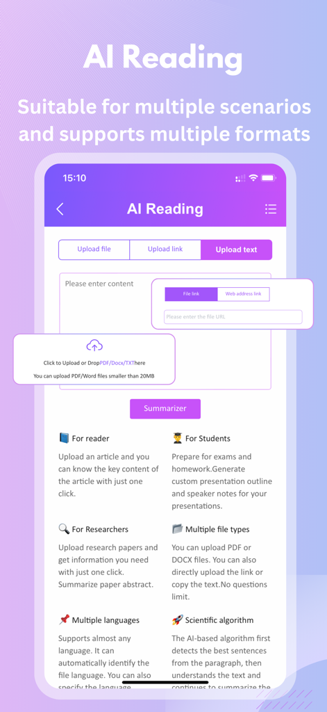 Oberfläche der KI-Lesefunktion in Smallppt, die Optionen zum Hochladen von Dateien oder Links zur automatischen Dokumentenzusammenfassung anzeigt.