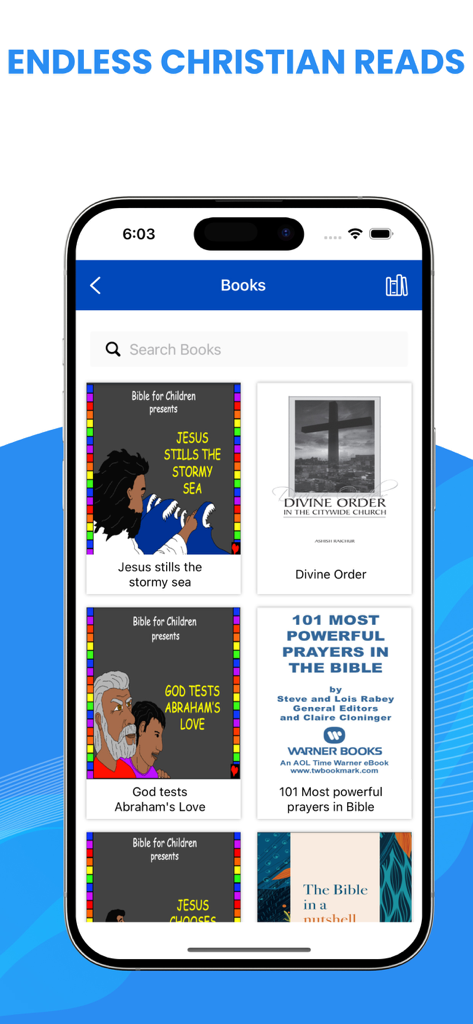 NLT Bible app library with Christian books and children stories