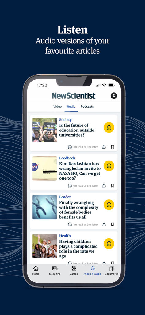 New Scientist - New Scientist mobile app interface showing a list of audio versions for science and technology articles
