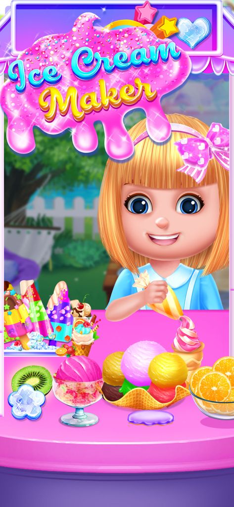 Ice Cream Delivery Games - ICE - A cartoon girl making colorful ice cream treats in a kids game interface