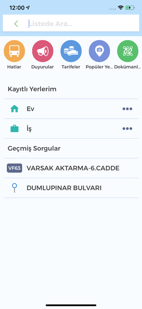 Main interface of the Antalyakart app showing transportation routes and saved user locations