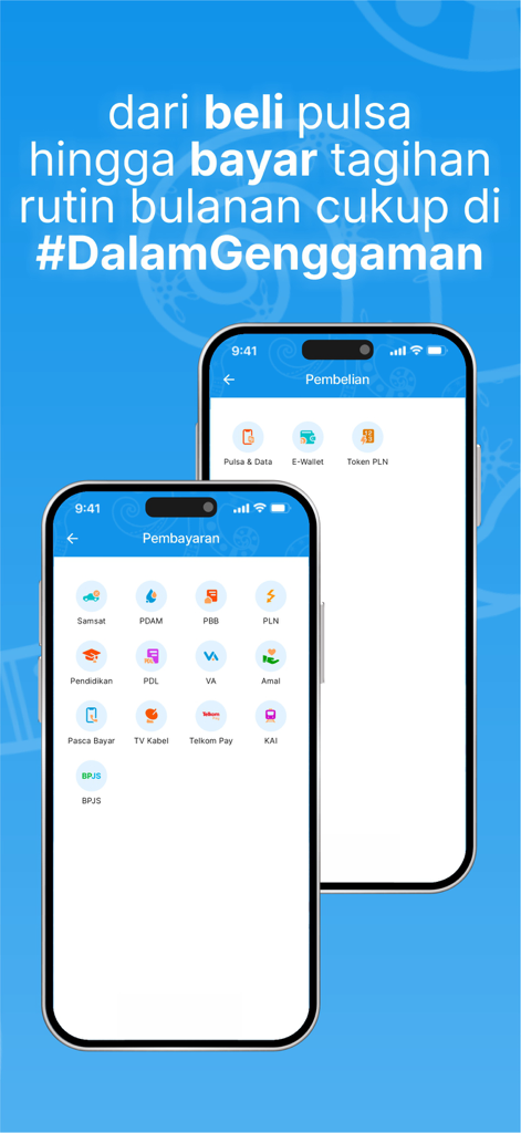 DG by Bankaltimtara - Interface of DG by Bankaltimtara app showing payment and purchase options for various utility bills and top ups